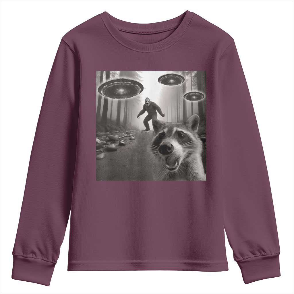 Raccoon Selfie With Bigfoot UFO Youth Sweatshirt Funny Feral Lover Gifts - Wonder Print Shop