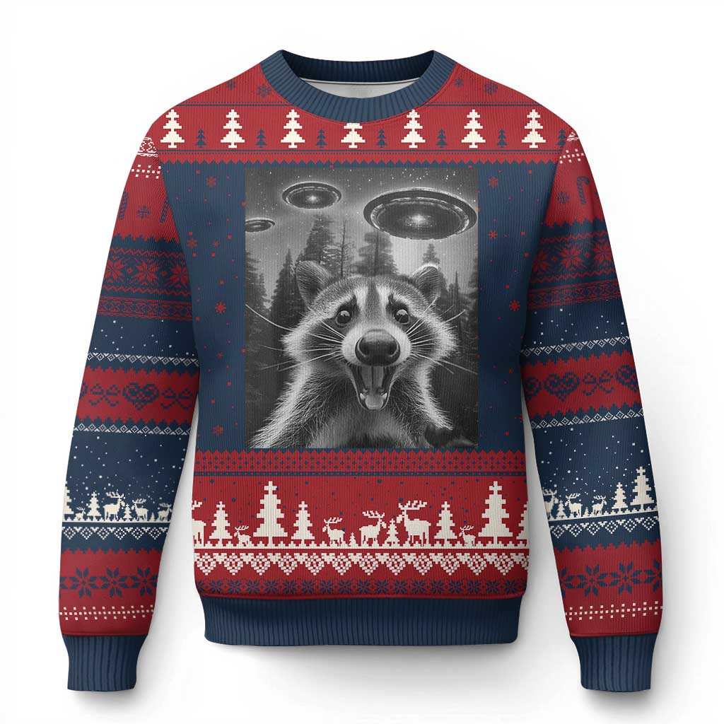 Racoon Meme Ugly Christmas Sweater Selfie With Alien UFO - Wonder Print Shop