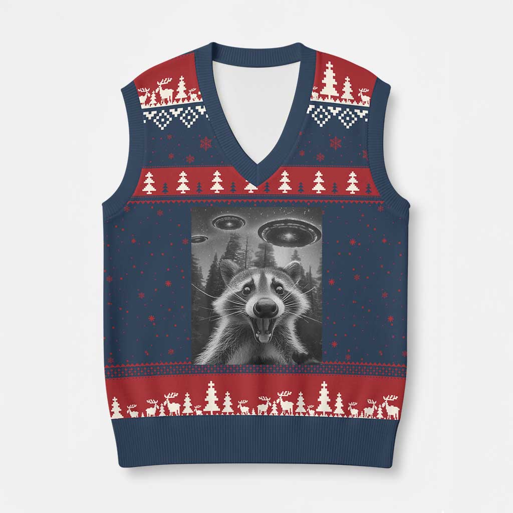 Racoon Meme V-Neck Knit Sweater Vest Selfie With Alien UFO - Wonder Print Shop