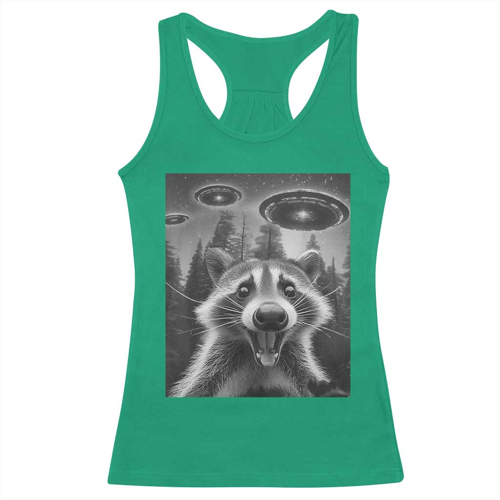 Racoon Meme Racerback Tank Top Selfie With Alien UFO - Wonder Print Shop