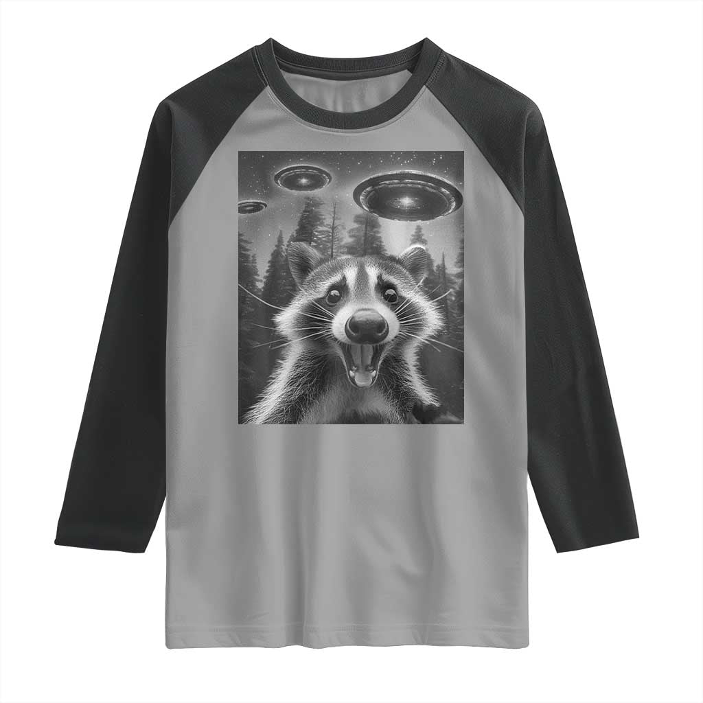 Racoon Meme Raglan Shirt Selfie With Alien UFO - Wonder Print Shop