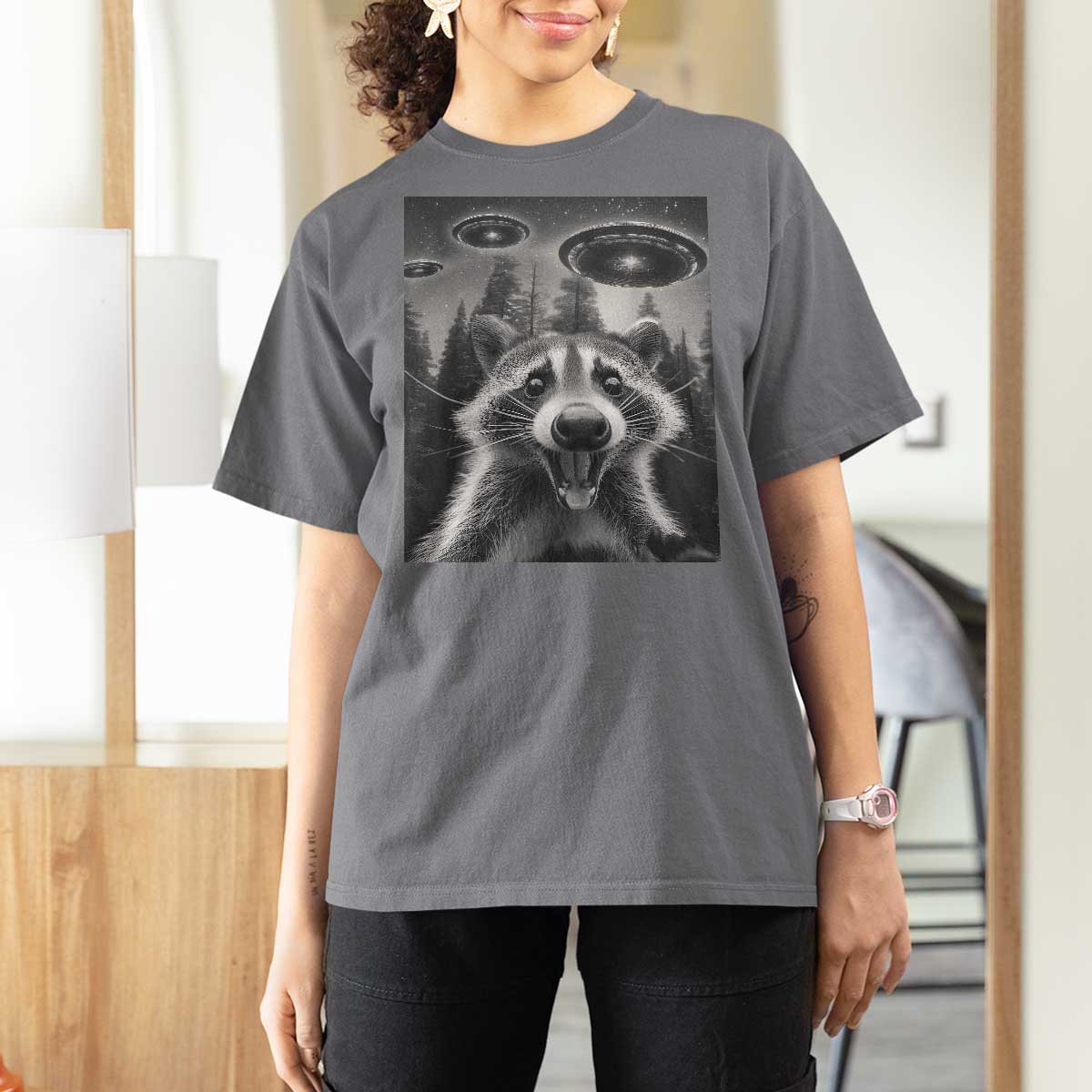 Racoon Meme T Shirt For Women Selfie With Alien UFO - Wonder Print Shop
