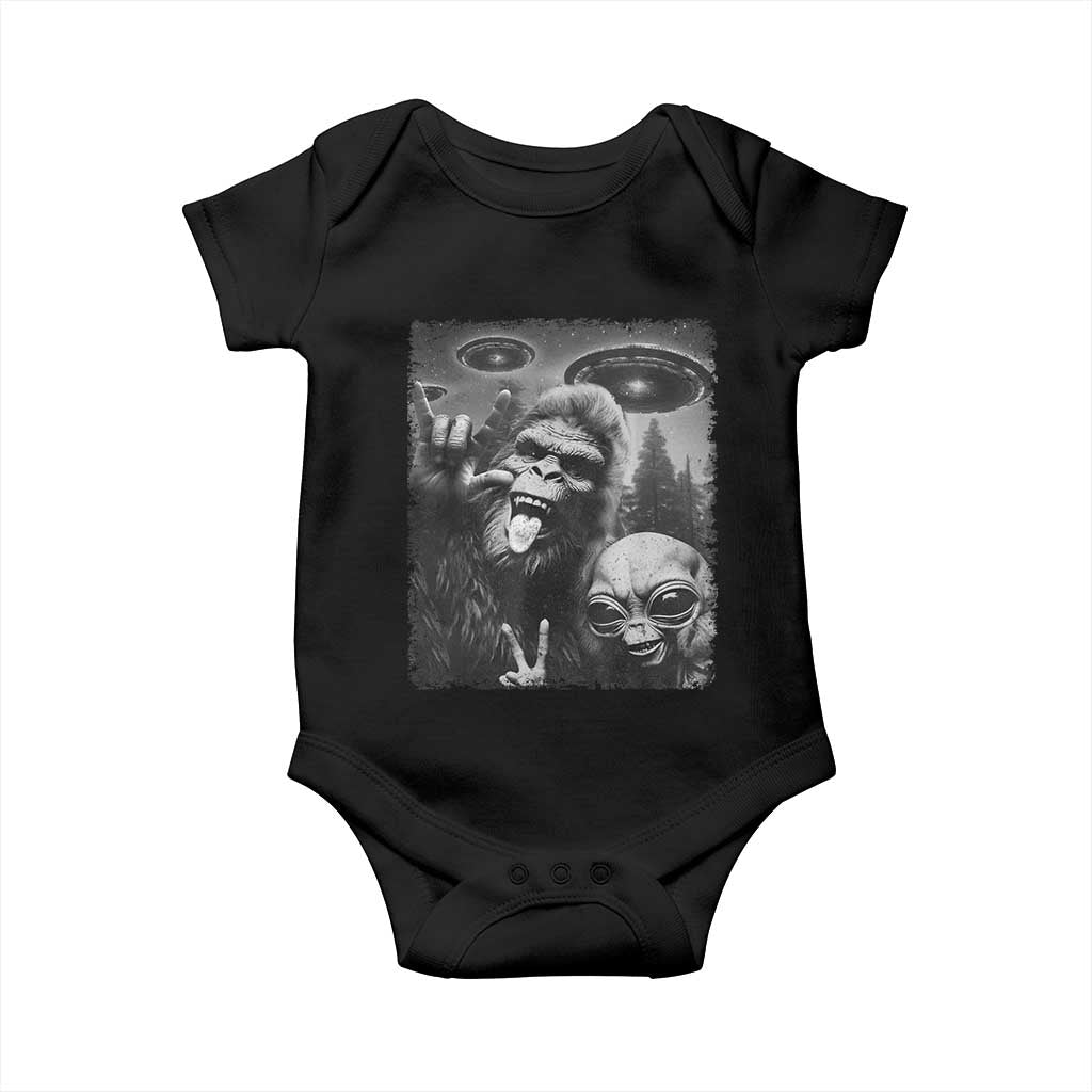 Bigfoot Selfie With Alien Baby Onesie UFO Funny Sasquatch Rock On Hand Sign - Wonder Print Shop