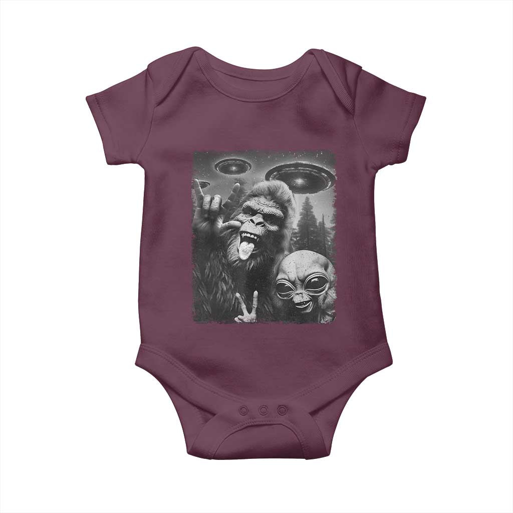 Bigfoot Selfie With Alien Baby Onesie UFO Funny Sasquatch Rock On Hand Sign - Wonder Print Shop