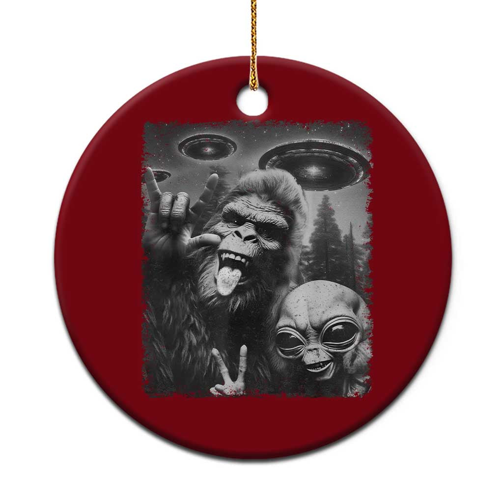 Bigfoot Selfie With Alien Ceramic Ornament UFO Funny Sasquatch Rock On Hand Sign - Wonder Print Shop