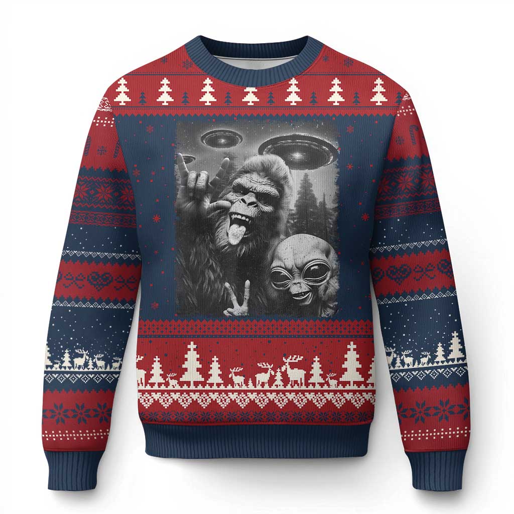 Bigfoot Selfie With Alien Ugly Christmas Sweater UFO Funny Sasquatch Rock On Hand Sign - Wonder Print Shop
