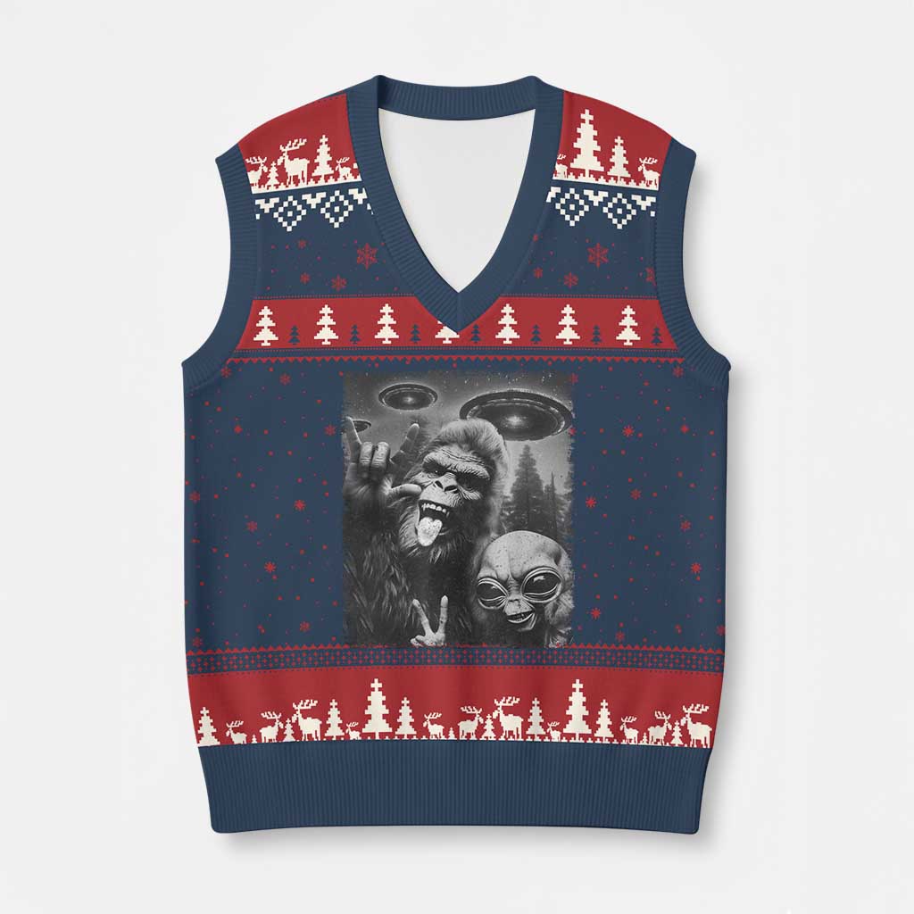 Bigfoot Selfie With Alien V-Neck Knit Sweater Vest UFO Funny Sasquatch Rock On Hand Sign - Wonder Print Shop
