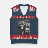 Bigfoot Selfie With Alien V-Neck Knit Sweater Vest UFO Funny Sasquatch Rock On Hand Sign - Wonder Print Shop