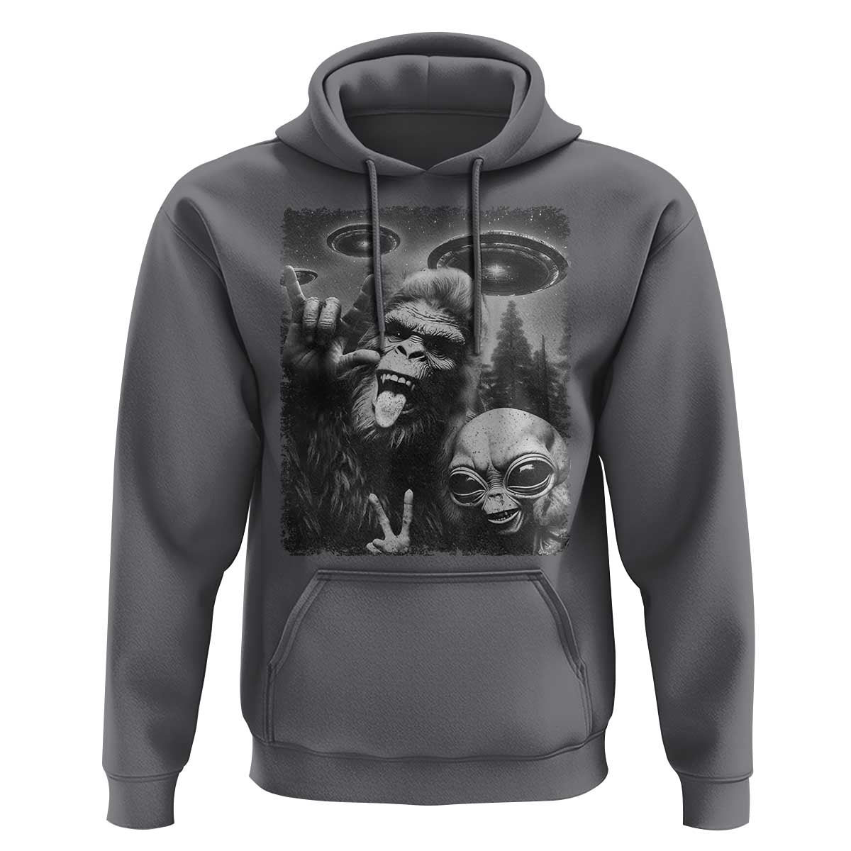 Bigfoot Selfie With Alien Hoodie UFO Funny Sasquatch Rock On Hand Sign - Wonder Print Shop