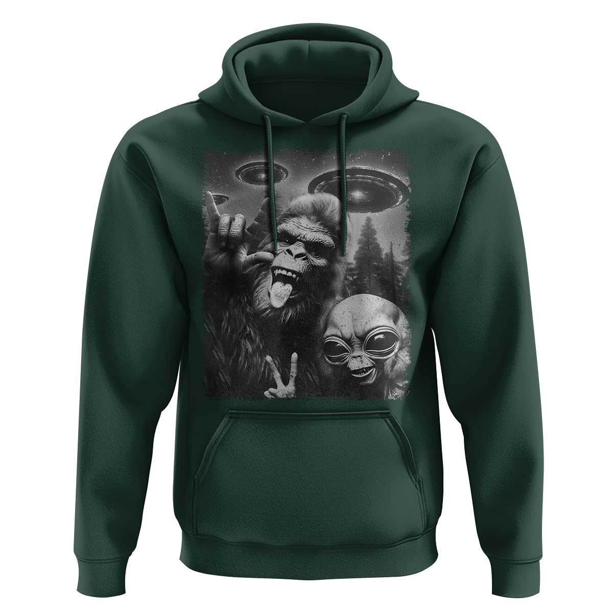 Bigfoot Selfie With Alien Hoodie UFO Funny Sasquatch Rock On Hand Sign - Wonder Print Shop