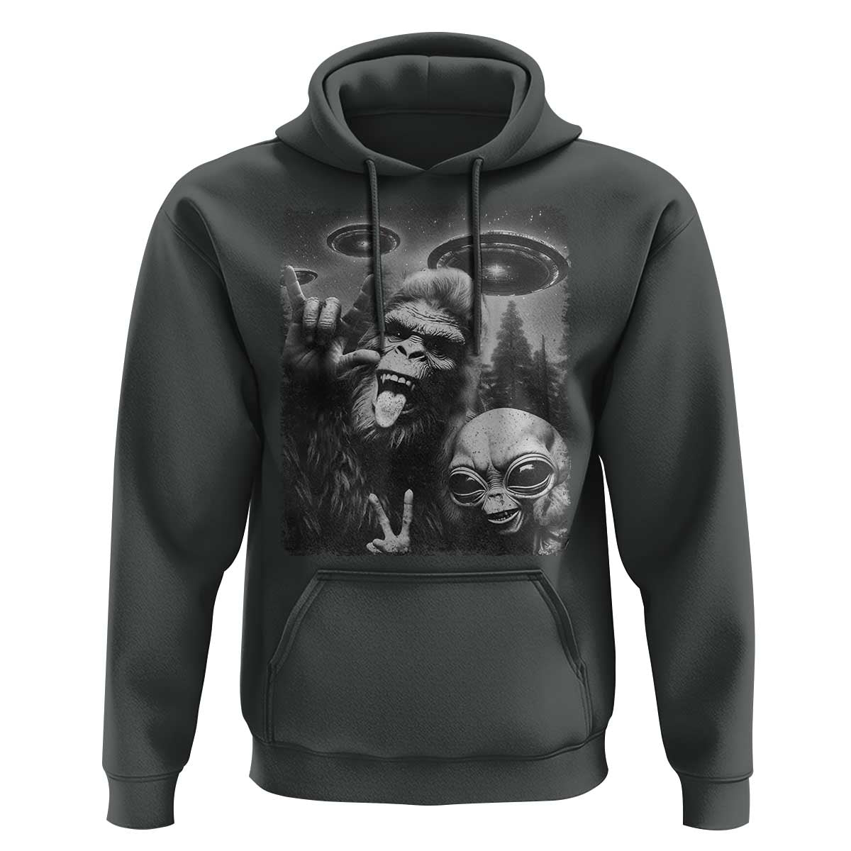 Bigfoot Selfie With Alien Hoodie UFO Funny Sasquatch Rock On Hand Sign - Wonder Print Shop