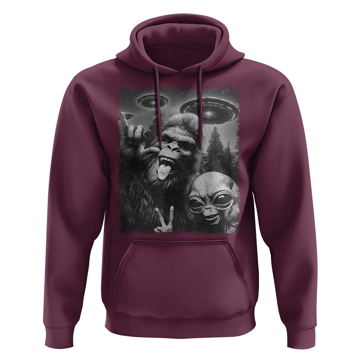 Bigfoot Selfie With Alien Hoodie UFO Funny Sasquatch Rock On Hand Sign - Wonder Print Shop