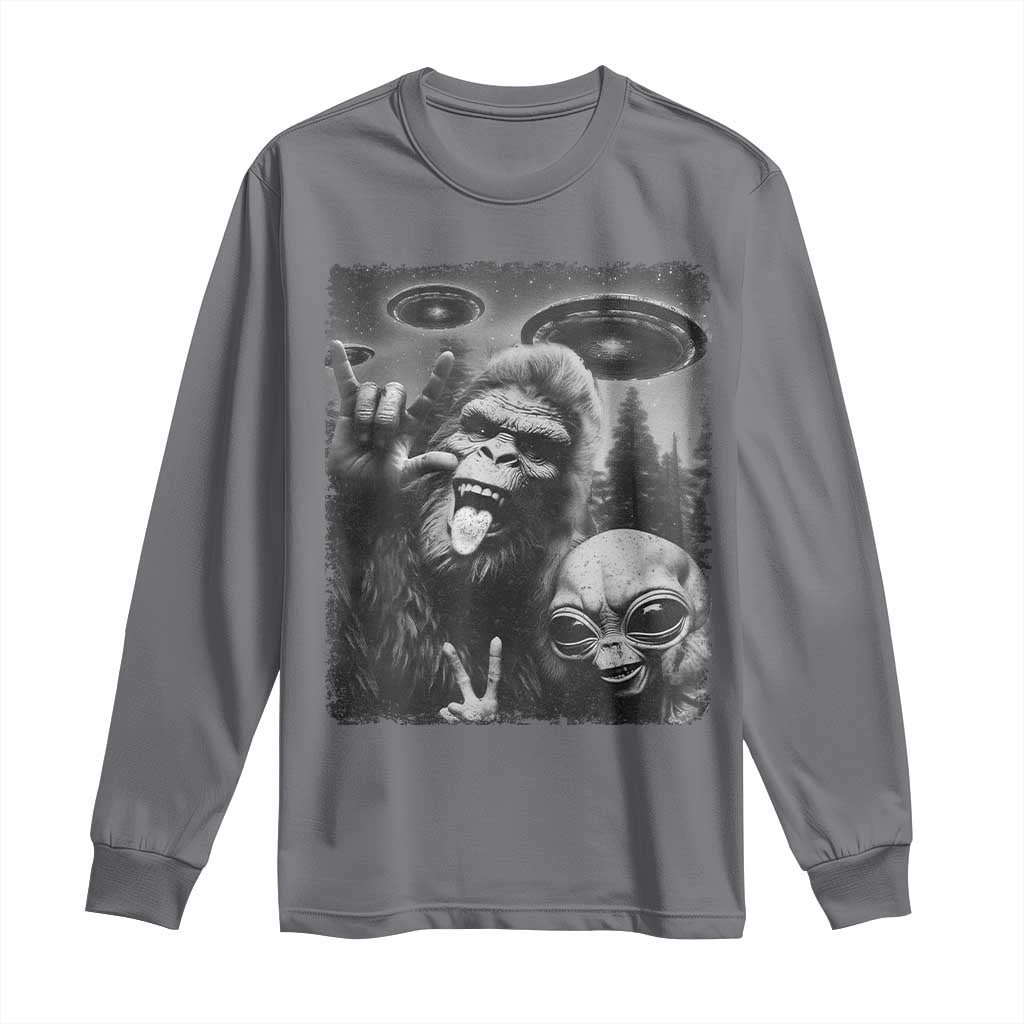 Bigfoot Selfie With Alien Long Sleeve Shirt UFO Funny Sasquatch Rock On Hand Sign - Wonder Print Shop