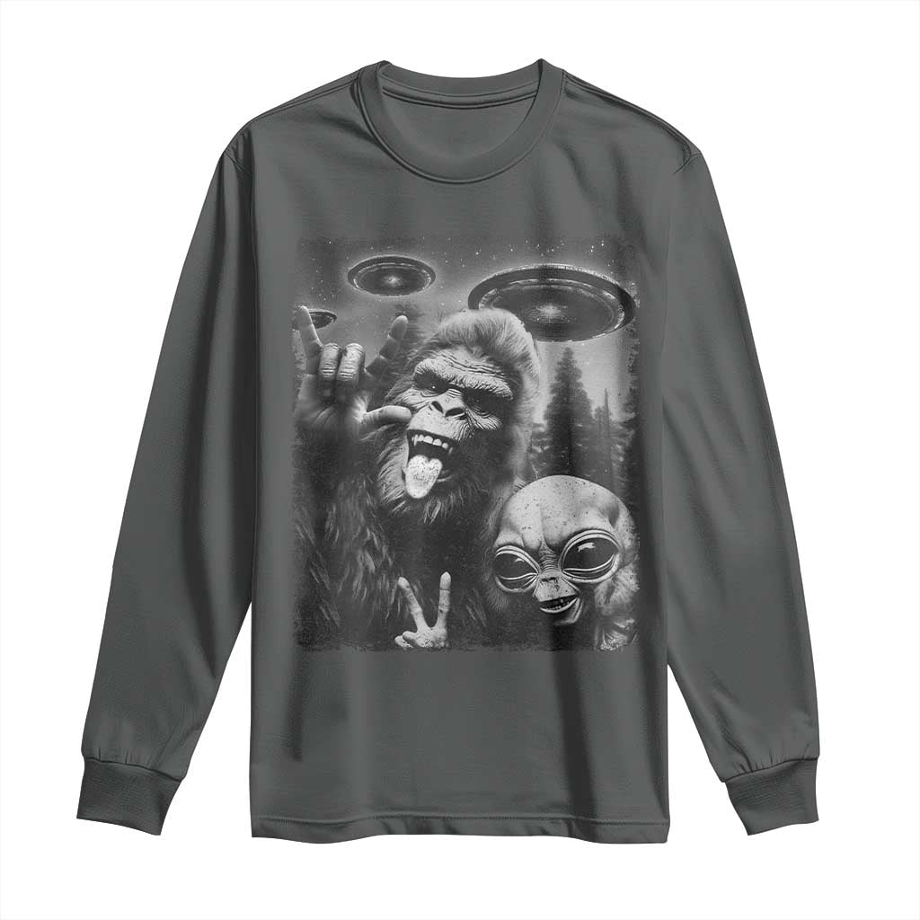 Bigfoot Selfie With Alien Long Sleeve Shirt UFO Funny Sasquatch Rock On Hand Sign - Wonder Print Shop