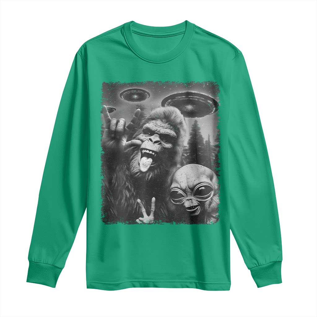 Bigfoot Selfie With Alien Long Sleeve Shirt UFO Funny Sasquatch Rock On Hand Sign - Wonder Print Shop