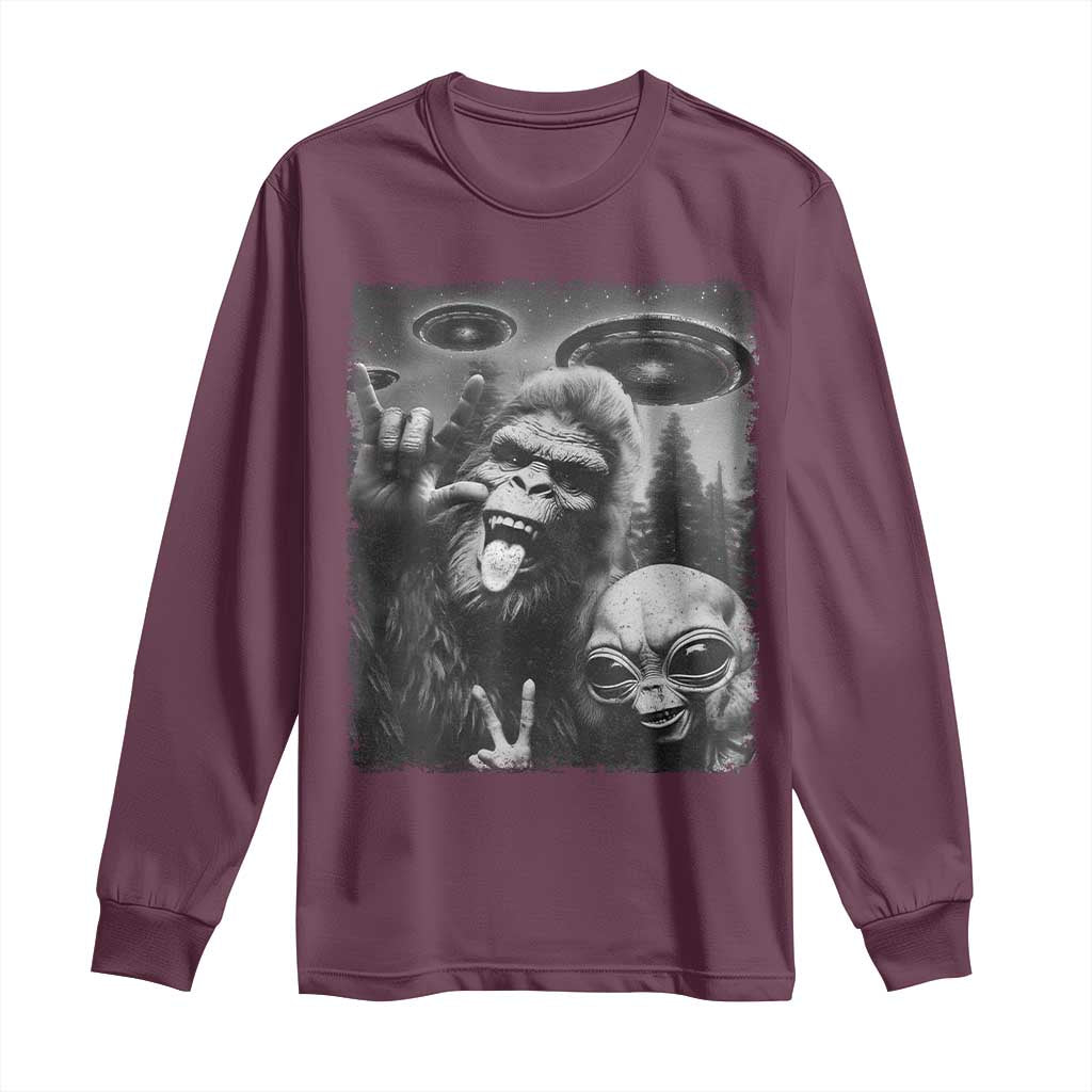 Bigfoot Selfie With Alien Long Sleeve Shirt UFO Funny Sasquatch Rock On Hand Sign - Wonder Print Shop