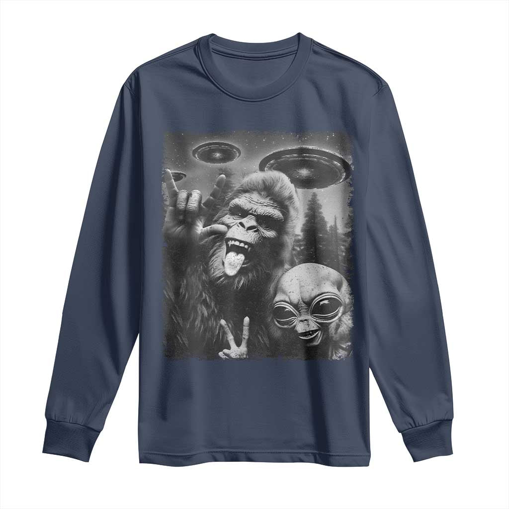 Bigfoot Selfie With Alien Long Sleeve Shirt UFO Funny Sasquatch Rock On Hand Sign - Wonder Print Shop