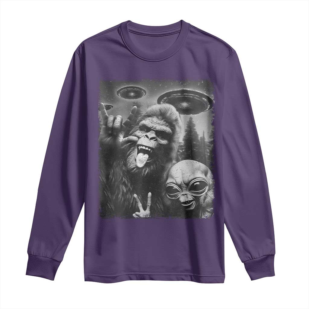 Bigfoot Selfie With Alien Long Sleeve Shirt UFO Funny Sasquatch Rock On Hand Sign - Wonder Print Shop