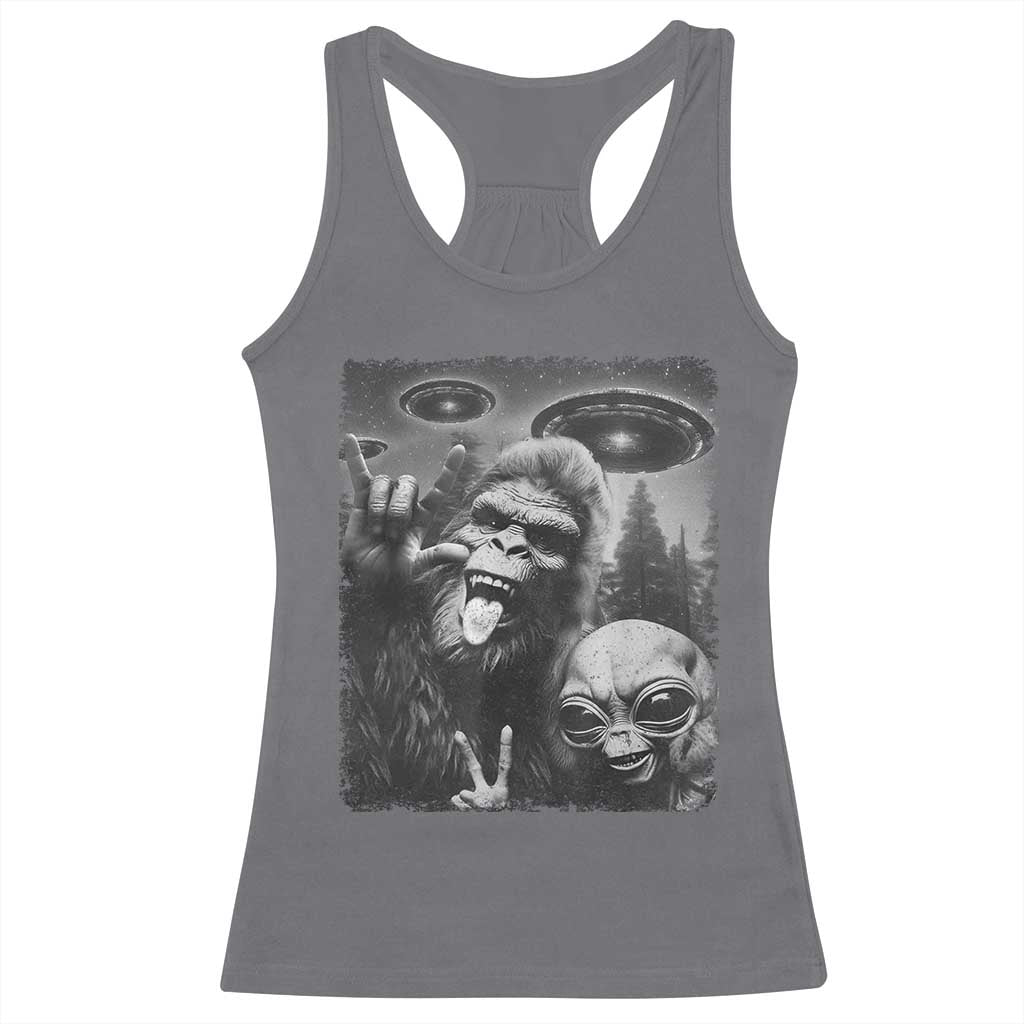 Bigfoot Selfie With Alien Racerback Tank Top UFO Funny Sasquatch Rock On Hand Sign - Wonder Print Shop