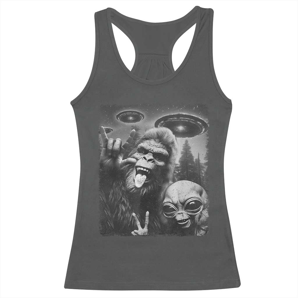 Bigfoot Selfie With Alien Racerback Tank Top UFO Funny Sasquatch Rock On Hand Sign - Wonder Print Shop