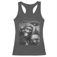 Bigfoot Selfie With Alien Racerback Tank Top UFO Funny Sasquatch Rock On Hand Sign - Wonder Print Shop