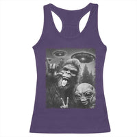 Bigfoot Selfie With Alien Racerback Tank Top UFO Funny Sasquatch Rock On Hand Sign - Wonder Print Shop