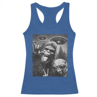 Bigfoot Selfie With Alien Racerback Tank Top UFO Funny Sasquatch Rock On Hand Sign - Wonder Print Shop