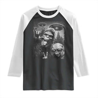 Bigfoot Selfie With Alien Raglan Shirt UFO Funny Sasquatch Rock On Hand Sign - Wonder Print Shop