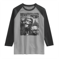 Bigfoot Selfie With Alien Raglan Shirt UFO Funny Sasquatch Rock On Hand Sign - Wonder Print Shop