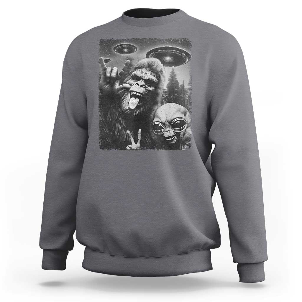 Bigfoot Selfie With Alien Sweatshirt UFO Funny Sasquatch Rock On Hand Sign - Wonder Print Shop