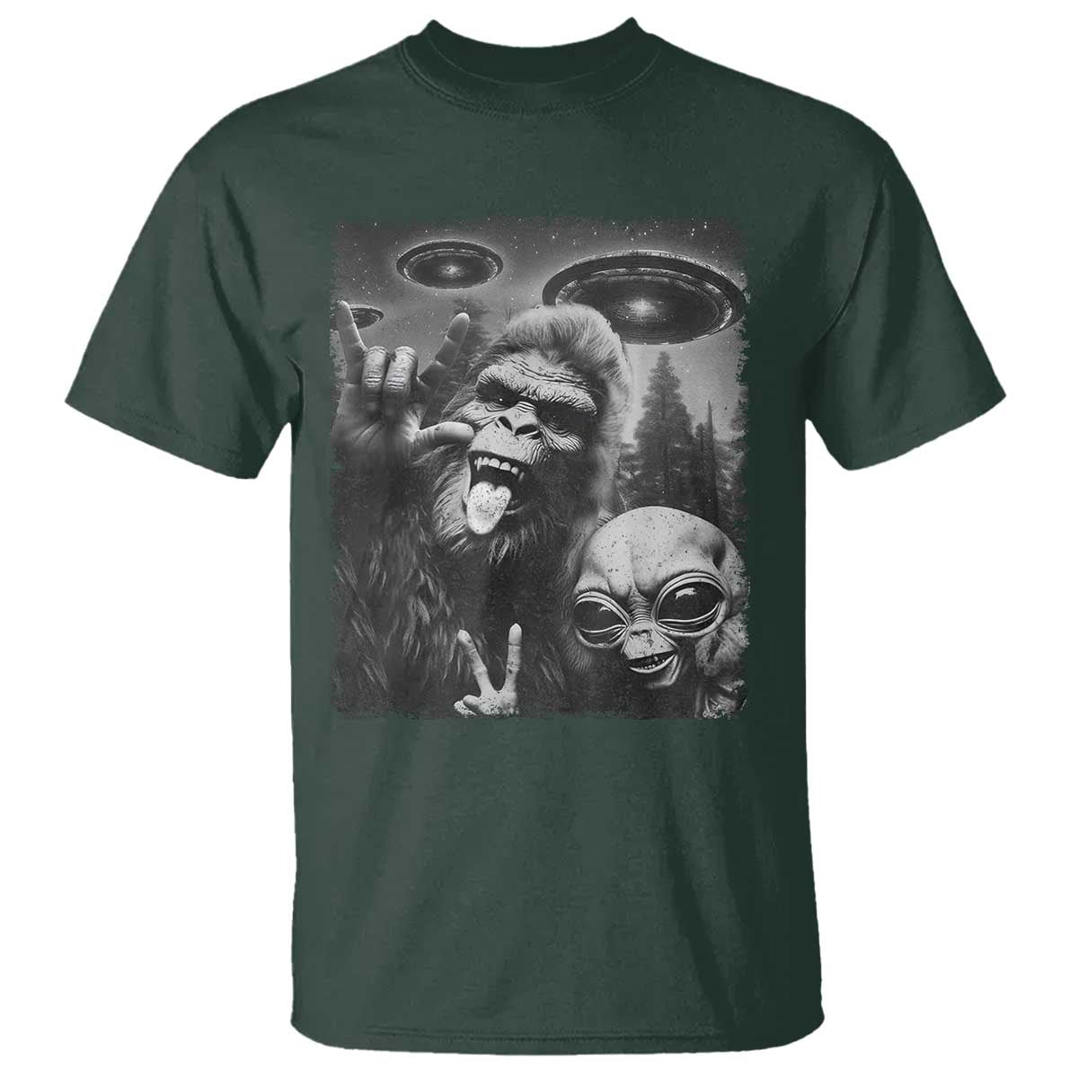 Bigfoot Selfie With Alien T Shirt UFO Funny Sasquatch Rock On Hand Sign - Wonder Print Shop