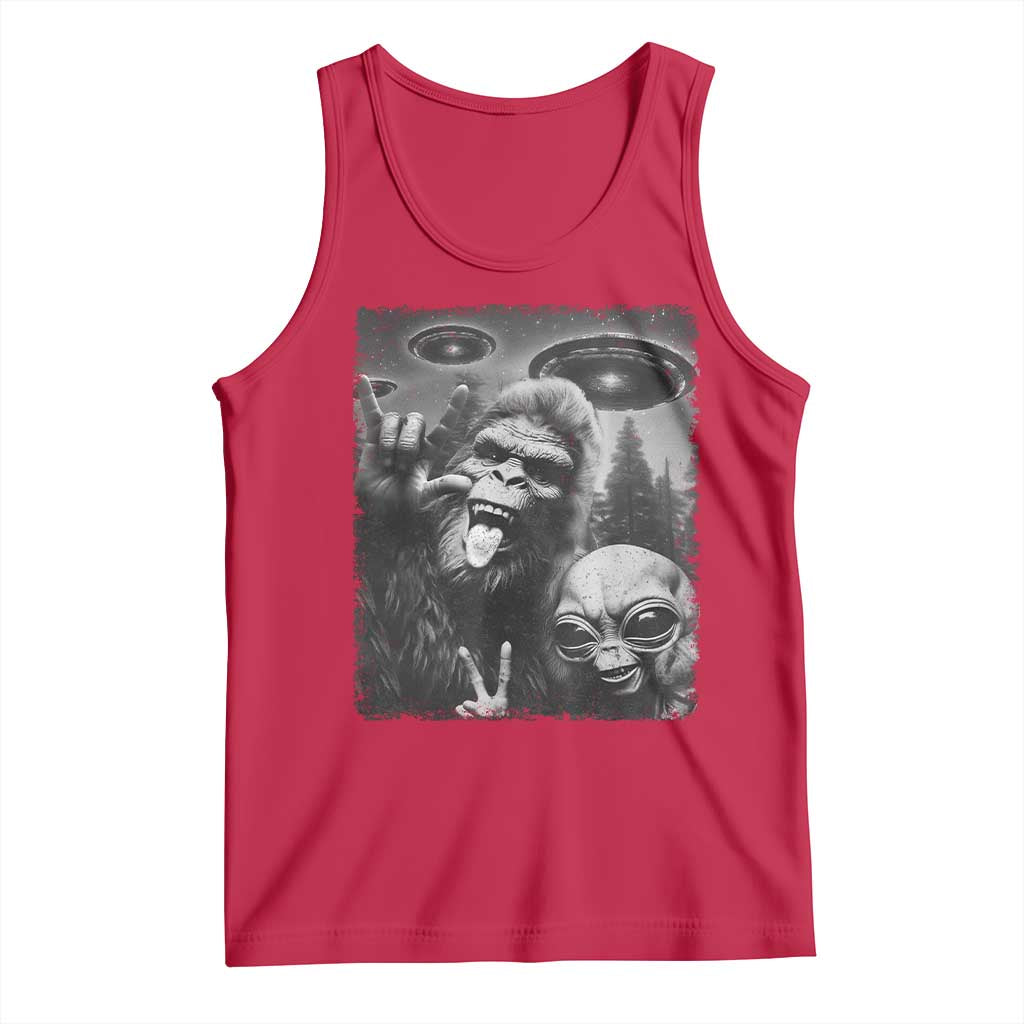 Bigfoot Selfie With Alien Tank Top UFO Funny Sasquatch Rock On Hand Sign - Wonder Print Shop