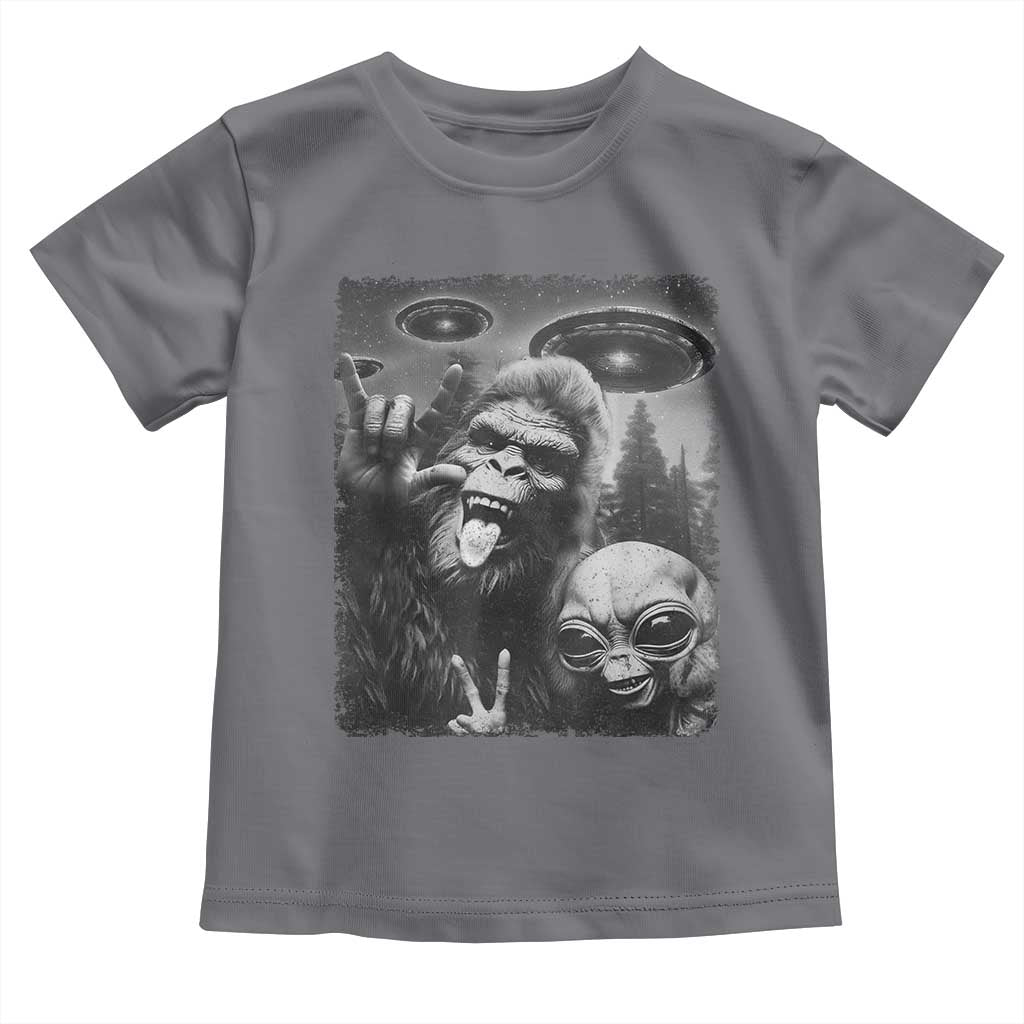 Bigfoot Selfie With Alien Toddler T Shirt UFO Funny Sasquatch Rock On Hand Sign - Wonder Print Shop