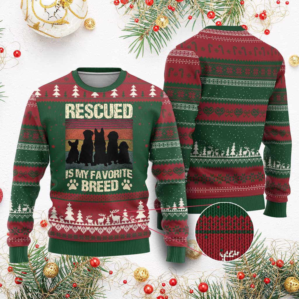 Rescued Is My Favorite Breed Ugly Christmas Sweater Adopt A Shelter Pet Cat Dog Adoption Animal Rescue - Wonder Print Shop
