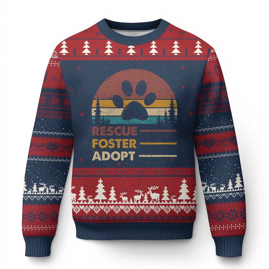 Rescue Dog Ugly Christmas Sweater Retro Adopt Rescue Foster Animal Shelter Volunteer - Wonder Print Shop