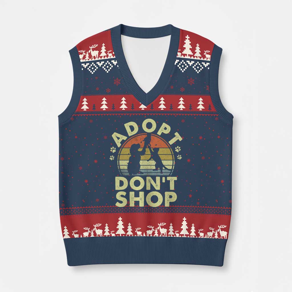 Adopt Dont Shop V-Neck Knit Sweater Vest Vintage Retro Cat Dog Rescue Animal Lovers Shelter Volunteer - Wonder Print Shop