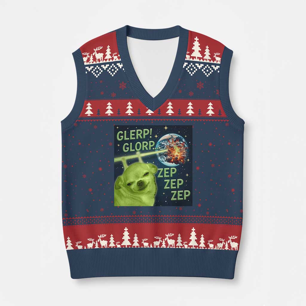 Funny Alien Dog Meme V-Neck Knit Sweater Vest Glorp Zep Sci-Fi Humor Chihuahua - Wonder Print Shop