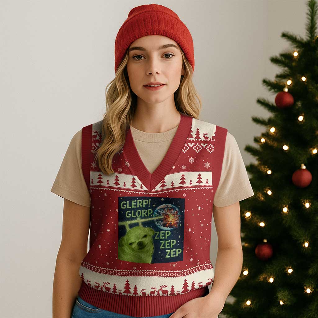 Funny Alien Dog Meme V-Neck Knit Sweater Vest Glorp Zep Sci-Fi Humor Chihuahua - Wonder Print Shop