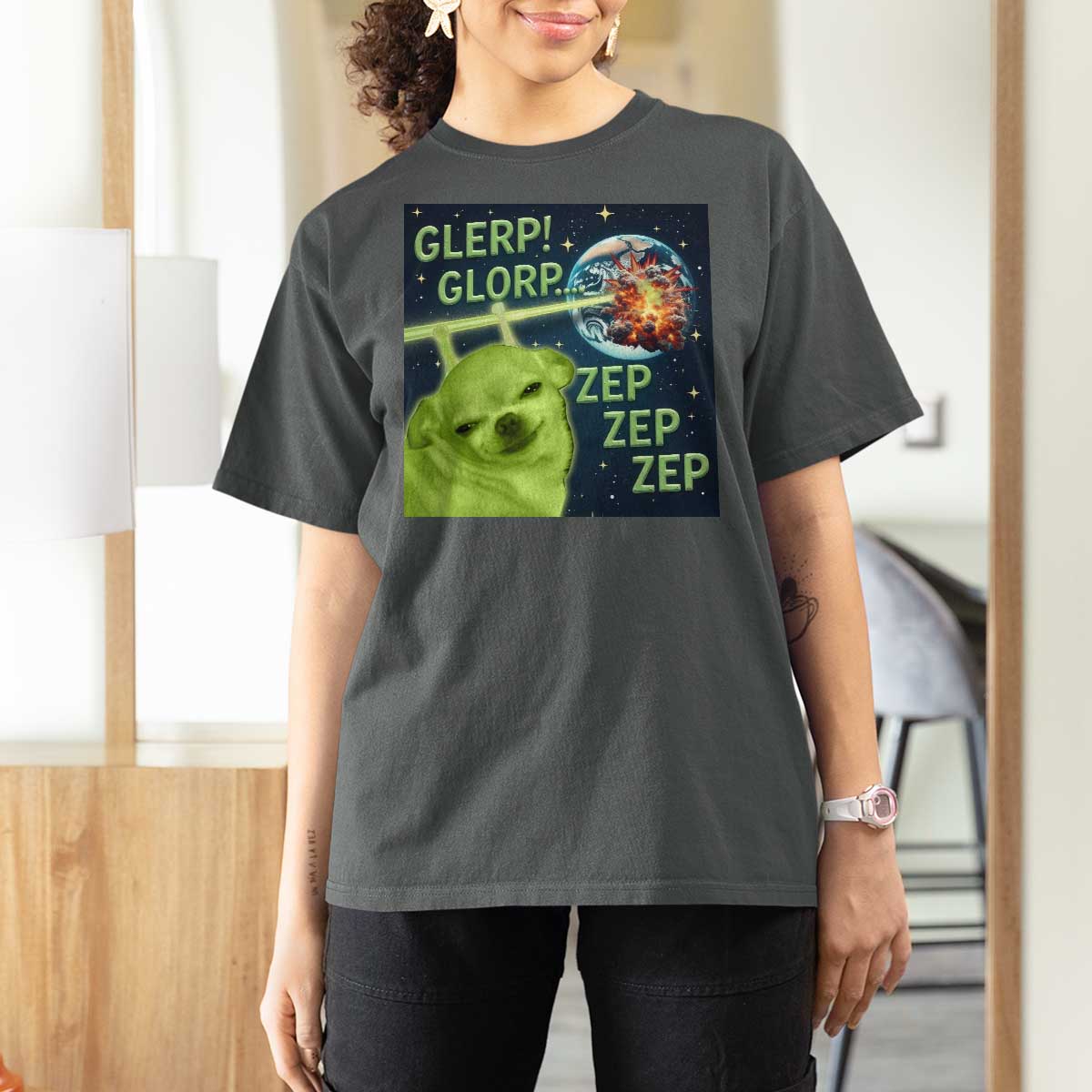 Funny Alien Dog Meme T Shirt For Women Glorp Zep Sci-Fi Humor Chihuahua - Wonder Print Shop