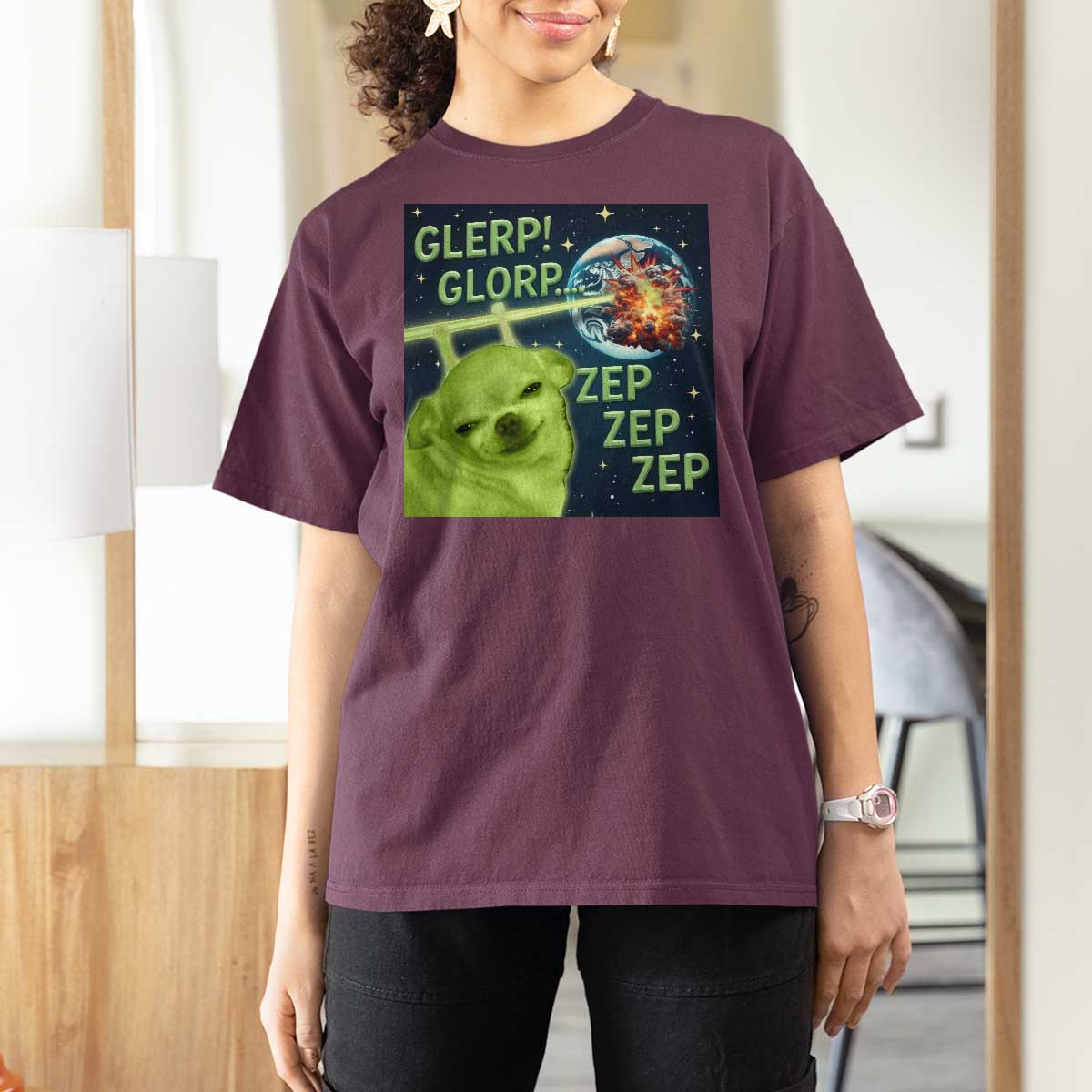 Funny Alien Dog Meme T Shirt For Women Glorp Zep Sci-Fi Humor Chihuahua - Wonder Print Shop