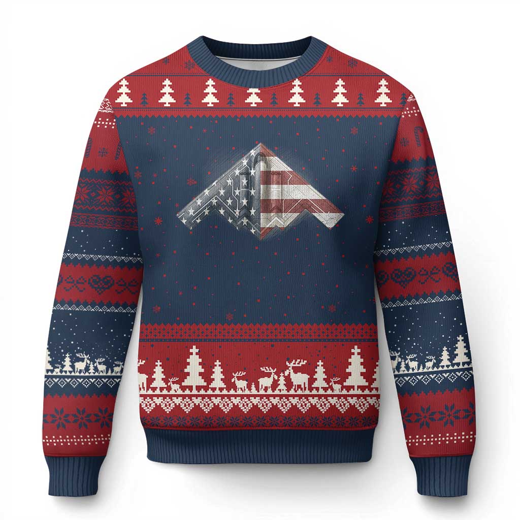 B2 Spirit Ugly Christmas Sweater B-2 Bomber Stealth Aircraft Schematic American Flag - Wonder Print Shop