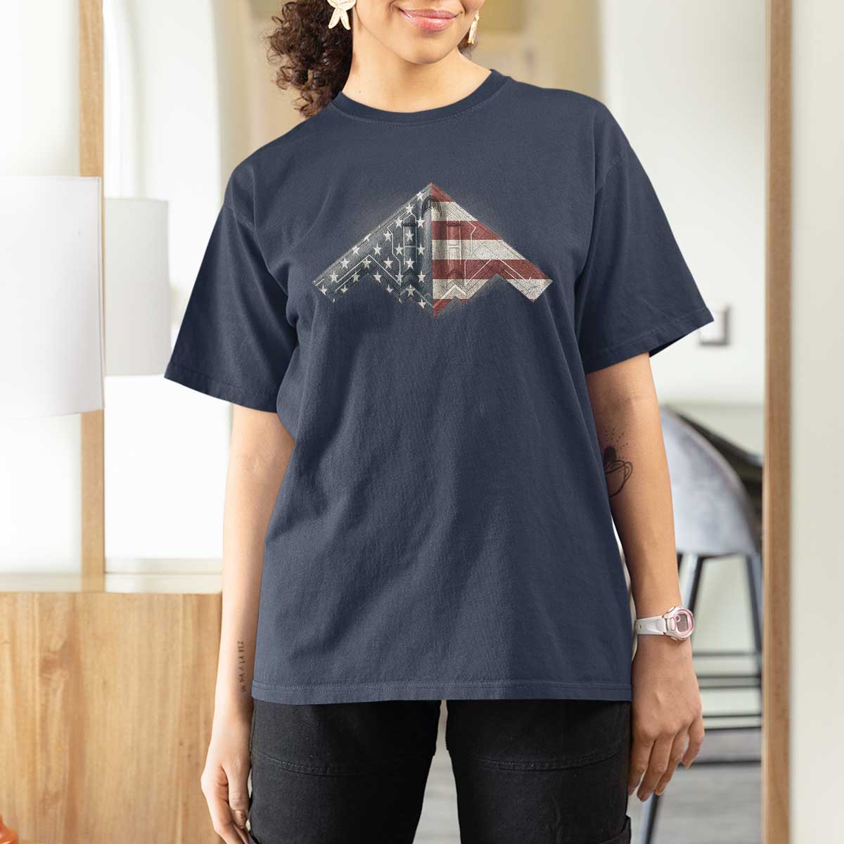 B2 Spirit T Shirt For Women B-2 Bomber Stealth Aircraft Schematic American Flag - Wonder Print Shop