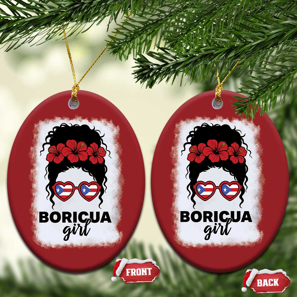 Boricua Girl Christmas Ornament Messy Bun Puerto Rican Flag Hibiscus Flower - Wonder Print Shop
