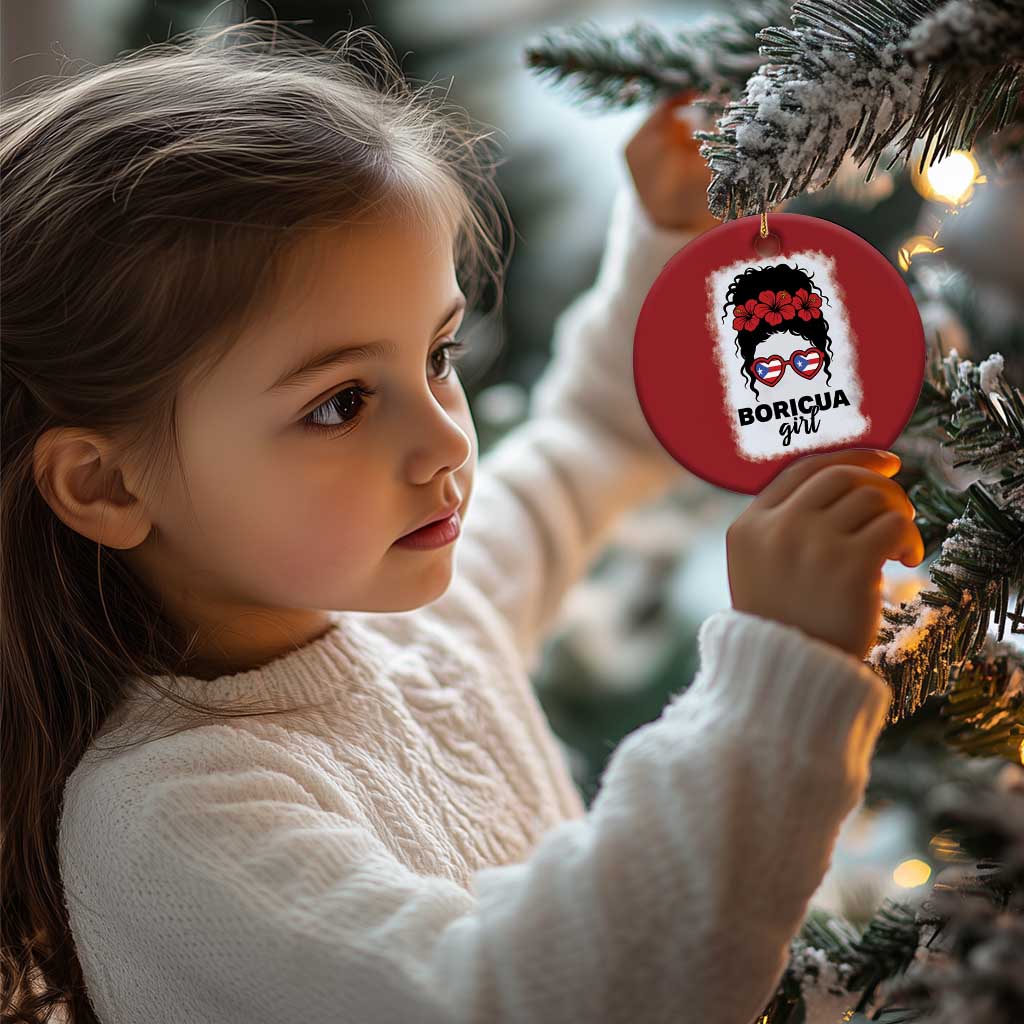 Boricua Girl Christmas Ornament Messy Bun Puerto Rican Flag Hibiscus Flower - Wonder Print Shop