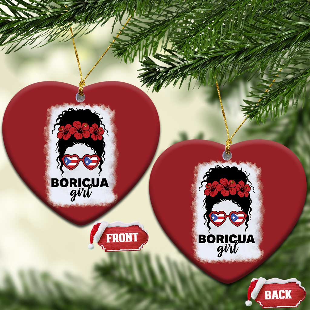 Boricua Girl Christmas Ornament Messy Bun Puerto Rican Flag Hibiscus Flower - Wonder Print Shop