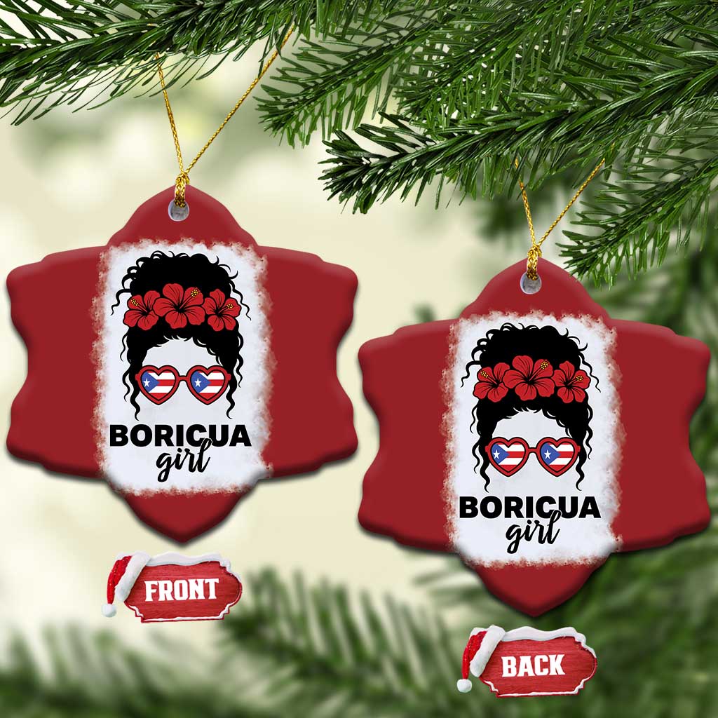 Boricua Girl Christmas Ornament Messy Bun Puerto Rican Flag Hibiscus Flower - Wonder Print Shop