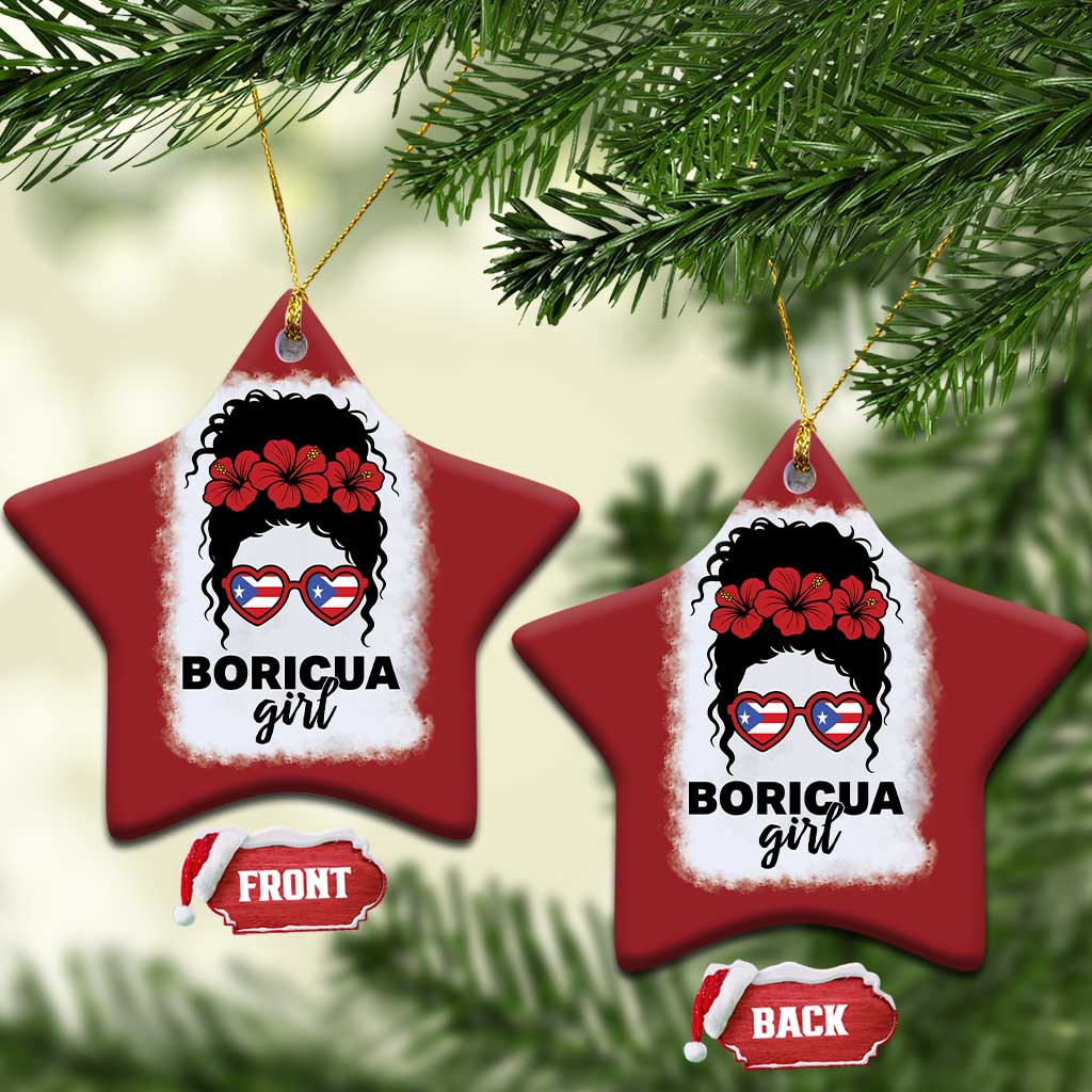 Boricua Girl Christmas Ornament Messy Bun Puerto Rican Flag Hibiscus Flower - Wonder Print Shop