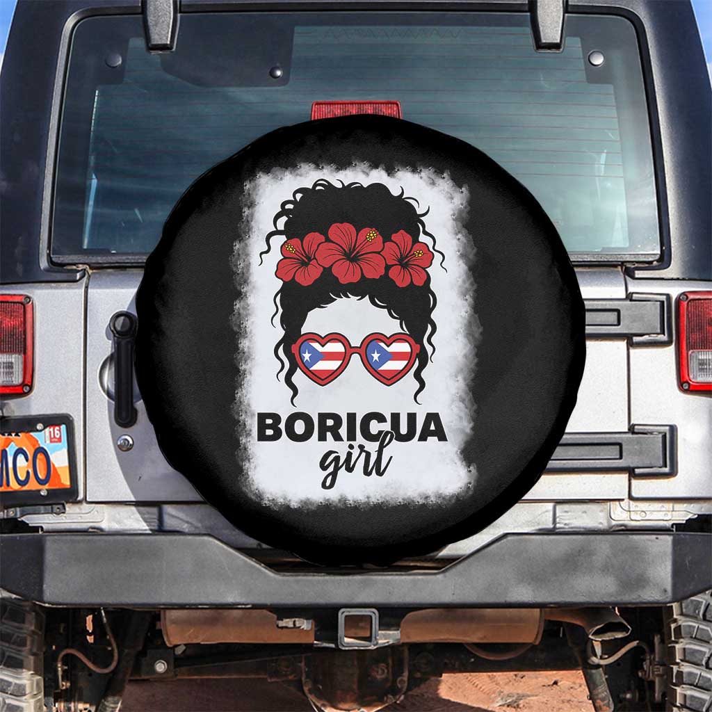 Boricua Girl Spare Tire Cover Messy Bun Puerto Rican Flag Hibiscus Flower - Wonder Print Shop