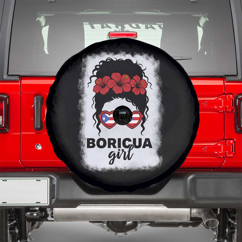 Boricua Girl Spare Tire Cover Messy Bun Puerto Rican Flag Hibiscus Flower - Wonder Print Shop