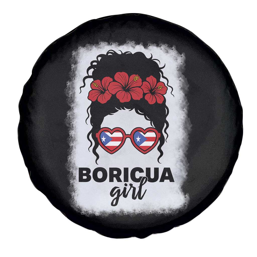 Boricua Girl Spare Tire Cover Messy Bun Puerto Rican Flag Hibiscus Flower - Wonder Print Shop
